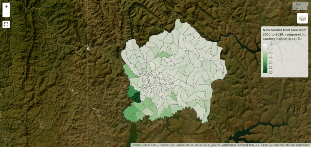 Animated map showing land use change and habitat loss in Kigali, Rwanda.