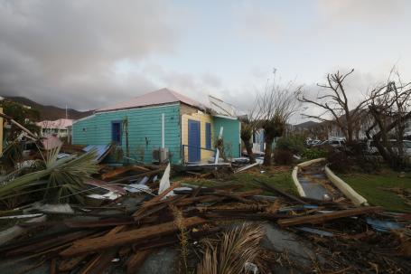 Damage to buildings caused by Hurricane Irma in Nanny Cay on the British Virgin Island of Tortola. The Caribbean island suffered widespread damage and destruction when Hurricane Irma passed over in 2017. 
