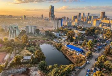 Aerial view of skyscrapers and urban development in Addis Ababa, Ethiopia.