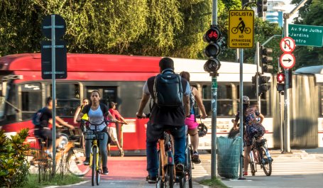 People cycling on bike lanes in São Paulo, Brazil.