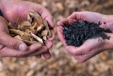 Hands holding biomass and finished vegetable carbon at the Carbon Removal Park Baltic Sea Plant in Germany.