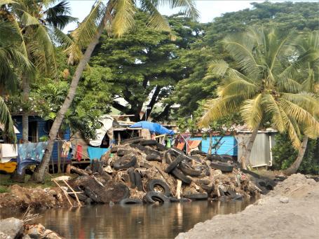 Stacking tires along the shore in Taiperia, Fiji helps prevent coastal erosion. Photo by Namrata Chand.