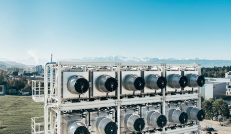 Climeworks direct air capture plant with mountains