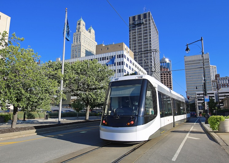 Train in city.