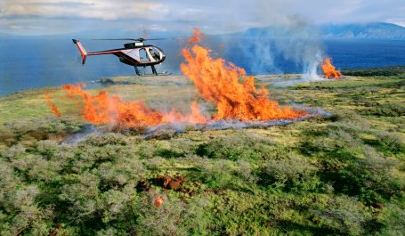 A helicopter flies over burning land in an attempt to extinguish the flames with water.