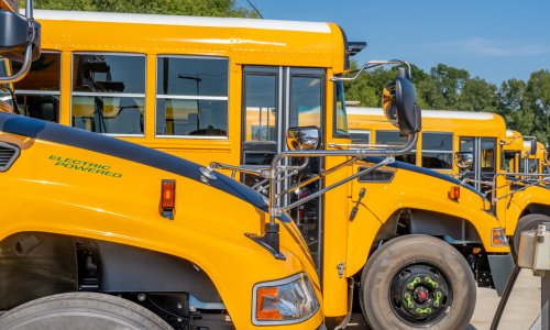 Electric school buses lined up