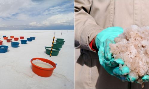 Photos showing brine collected from a large salt flat for lithium extraction.