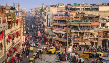The main bazar in Paharganj, India, is full of people during the late afternoon. 