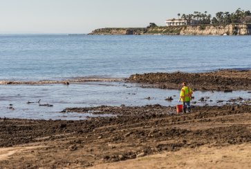 A worker stands near the ocean in California.