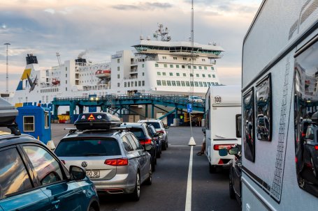 Cars line up for a ferry at Port Trelleborg in Sweden.