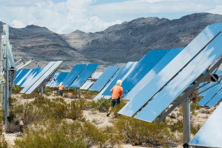 Contracted workers clean Heliostats at the Ivanpah Solar Project in Nipton, California.