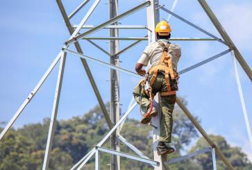 An electrical worker climbs up a transmission line