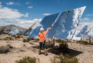Contracted workers clean Heliostats at the Ivanpah Solar Project.