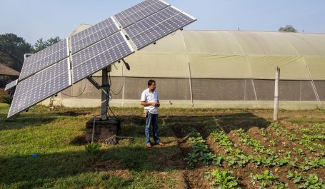 A farmer stands under a raised solar panel overlooking irrigated crop rows.