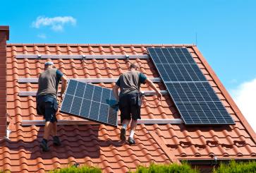 Construction workers install solar panels on the roof of a California home