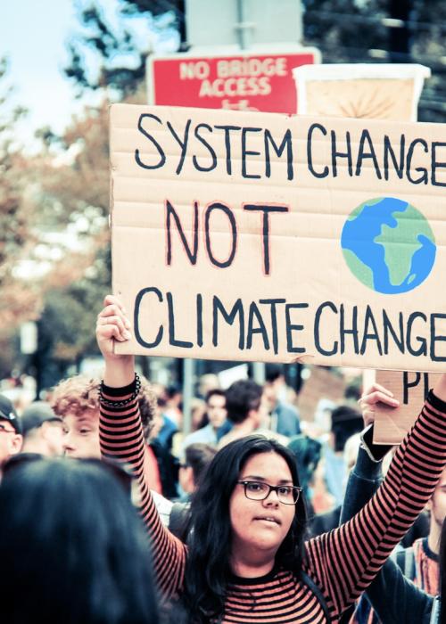 Person in crowd holding sign that reads "SYSTEM CHANGE NOT CLIMATE CHANGE" with Earth image on cardboard sign.