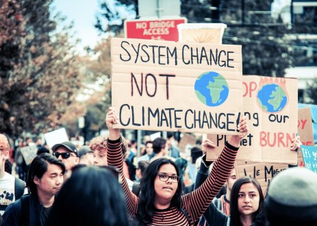 Person in crowd holding sign that reads "SYSTEM CHANGE NOT CLIMATE CHANGE" with Earth image on cardboard sign.