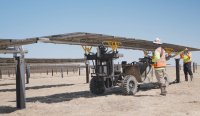 Workers install solar panels at a Texas solar field