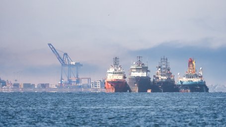 Ships line up at the port in Walvis Bay, Namibia.