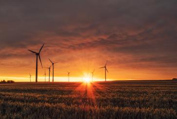 Windmills with a sunset in the background.