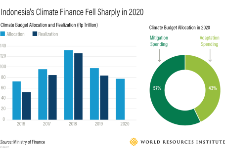 A graphic showing how climate finance decreased in Indonesia in 2020.