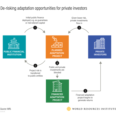Flowchart showing how blending public and private capital can finance climate adaptation projects