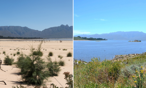 A side-by-side comparison of the Theewaterskloof dam without water in 2017 and with water in 2019