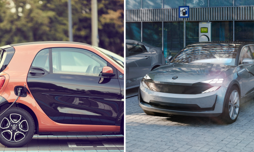 A small electric car on the left vs a larger electric SUV on the right