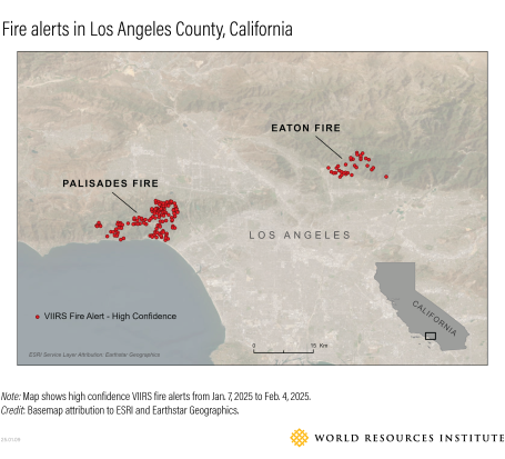 Map showing fire alerts in Los Angeles County as of Feb. 4, 2025.