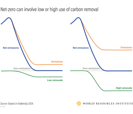Graph showing net-zero can involve low or high use of carbon removal.