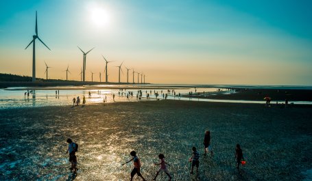 Wind turbines on coastline.